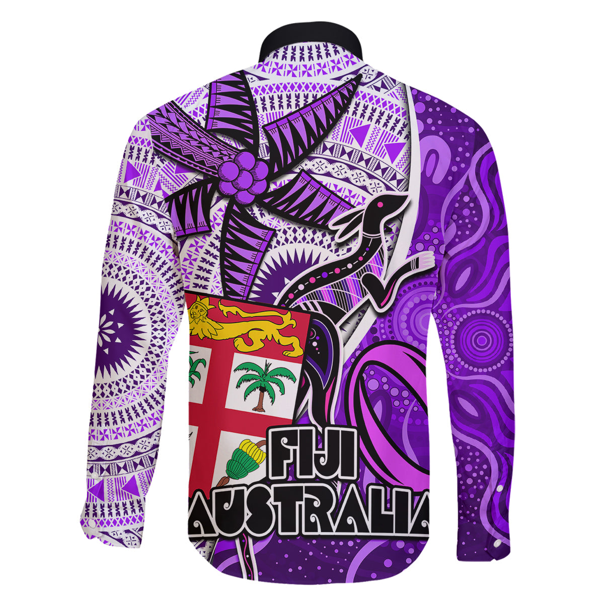 Fiji Australia Rugby Family Matching Tank Maxi Dress and Hawaiian Shirt Kangaroo and Palm Tree Purple Tapa Pattern Mix Aboriginal LT03 - Polynesian Pride