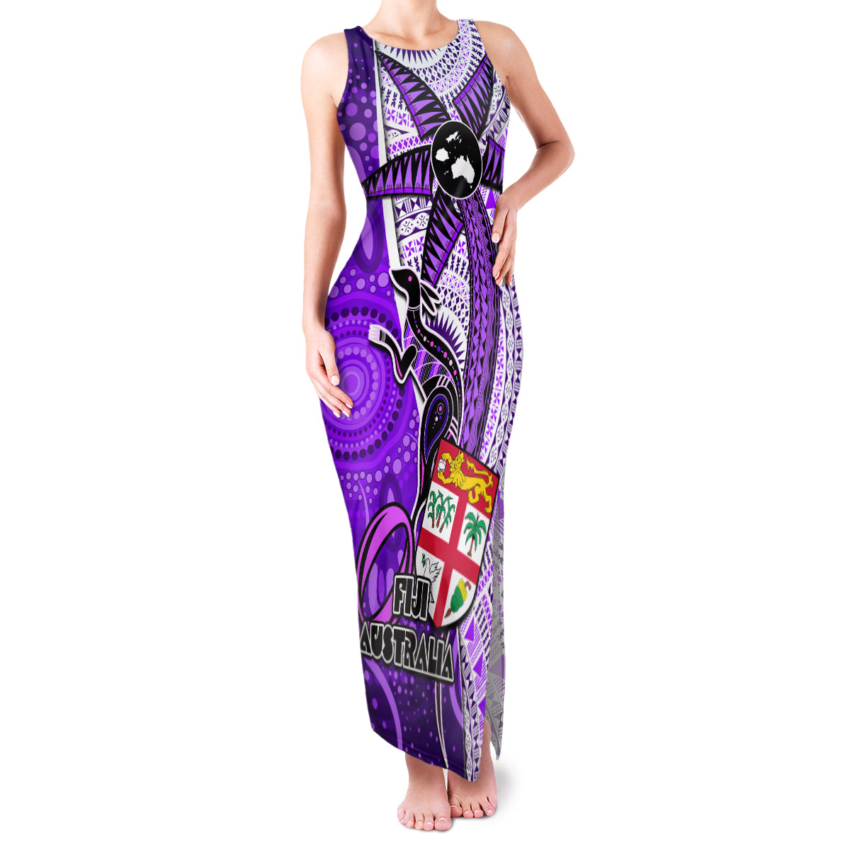 Fiji Australia Rugby Family Matching Tank Maxi Dress and Hawaiian Shirt Kangaroo and Palm Tree Purple Tapa Pattern Mix Aboriginal LT03 Mom's Dress Purple - Polynesian Pride