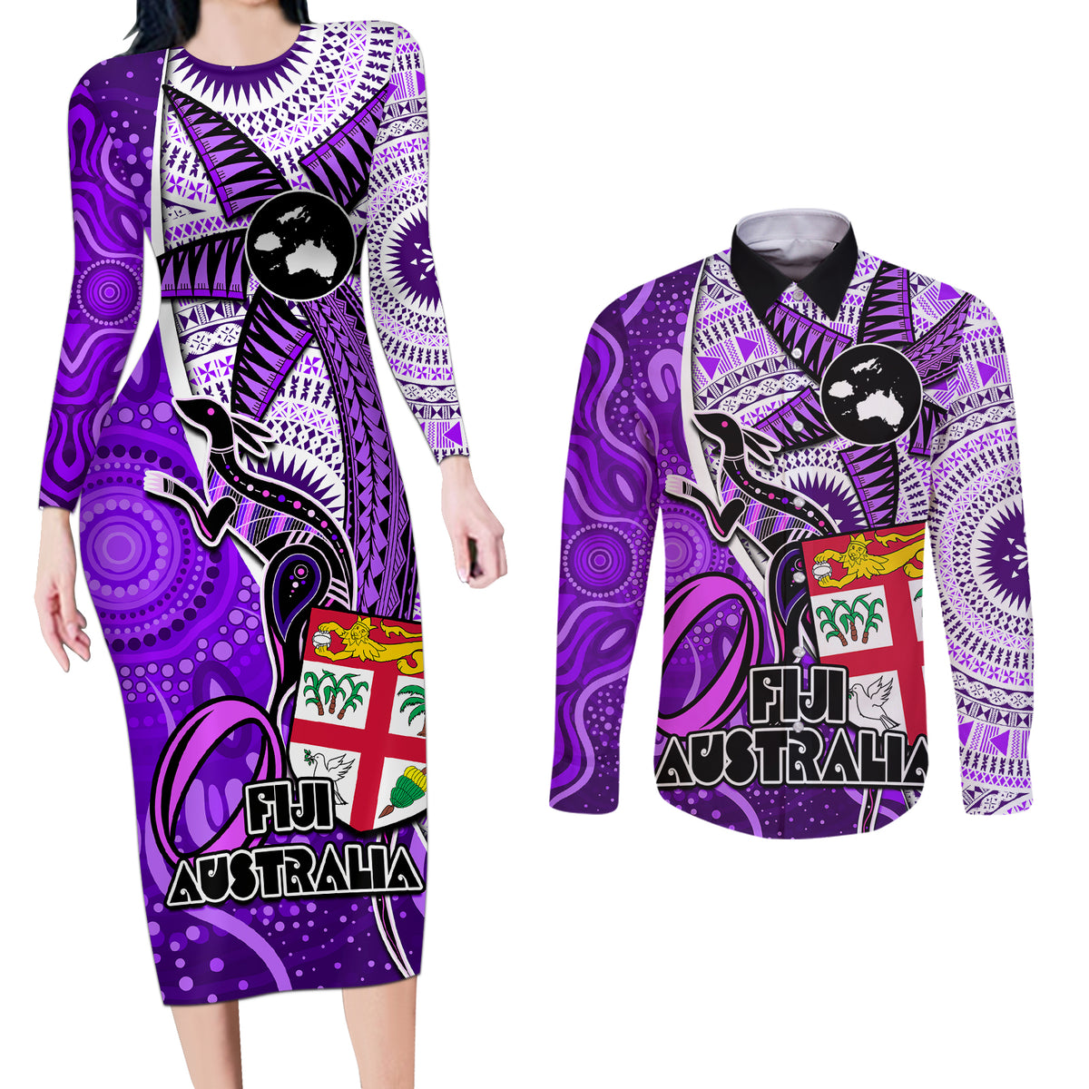 Personalised Fiji Australia Rugby Couples Matching Long Sleeve Bodycon Dress and Long Sleeve Button Shirts Kangaroo and Palm Tree Purple Tapa Pattern Mix Aboriginal LT03 Purple - Polynesian Pride