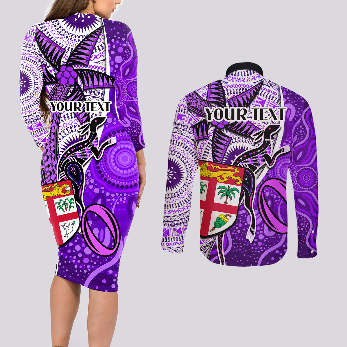 Personalised Fiji Australia Rugby Couples Matching Long Sleeve Bodycon Dress and Long Sleeve Button Shirts Kangaroo and Palm Tree Purple Tapa Pattern Mix Aboriginal LT03 - Polynesian Pride