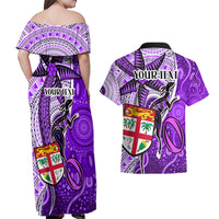 Personalised Fiji Australia Rugby Couples Matching Off Shoulder Maxi Dress and Hawaiian Shirt Kangaroo and Palm Tree Purple Tapa Pattern Mix Aboriginal LT03 - Polynesian Pride