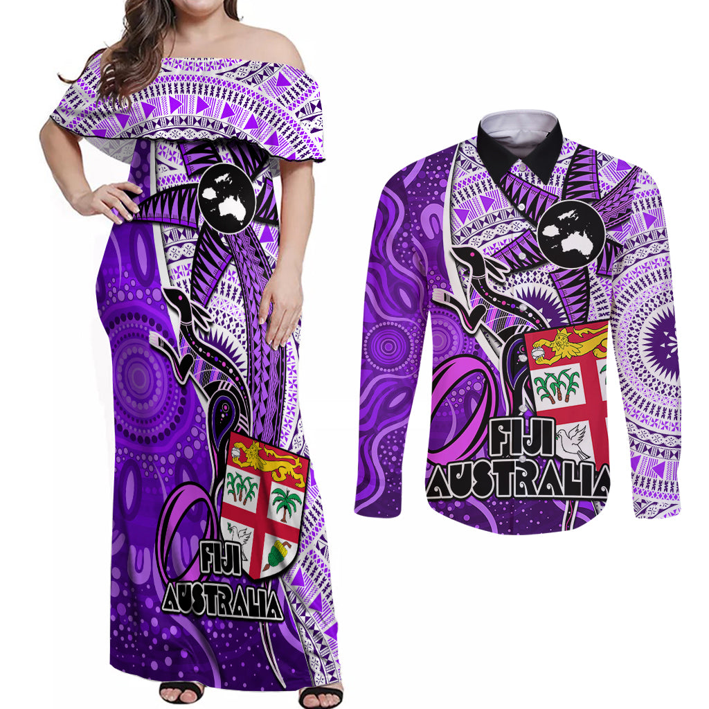 Personalised Fiji Australia Rugby Couples Matching Off Shoulder Maxi Dress and Long Sleeve Button Shirts Kangaroo and Palm Tree Purple Tapa Pattern Mix Aboriginal LT03 Purple - Polynesian Pride