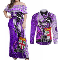 Personalised Fiji Australia Rugby Couples Matching Off Shoulder Maxi Dress and Long Sleeve Button Shirts Kangaroo and Palm Tree Purple Tapa Pattern Mix Aboriginal LT03 Purple - Polynesian Pride