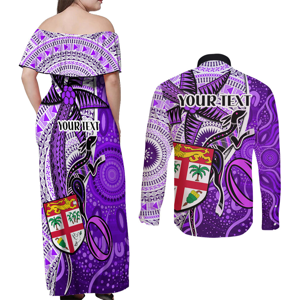 Personalised Fiji Australia Rugby Couples Matching Off Shoulder Maxi Dress and Long Sleeve Button Shirts Kangaroo and Palm Tree Purple Tapa Pattern Mix Aboriginal LT03 - Polynesian Pride