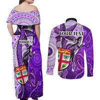 Personalised Fiji Australia Rugby Couples Matching Off Shoulder Maxi Dress and Long Sleeve Button Shirts Kangaroo and Palm Tree Purple Tapa Pattern Mix Aboriginal LT03 - Polynesian Pride