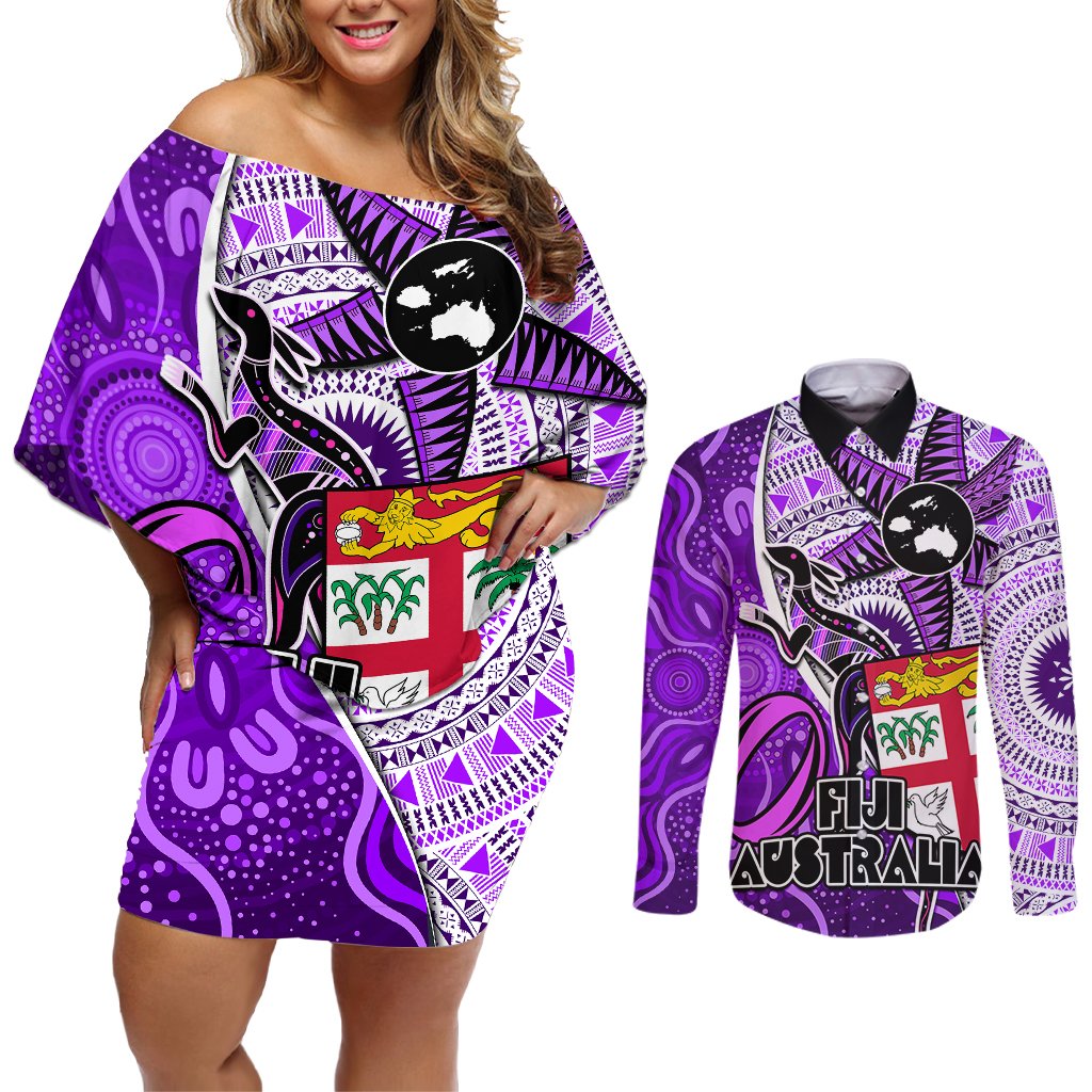 Personalised Fiji Australia Rugby Couples Matching Off Shoulder Short Dress and Long Sleeve Button Shirts Kangaroo and Palm Tree Purple Tapa Pattern Mix Aboriginal LT03 Purple - Polynesian Pride
