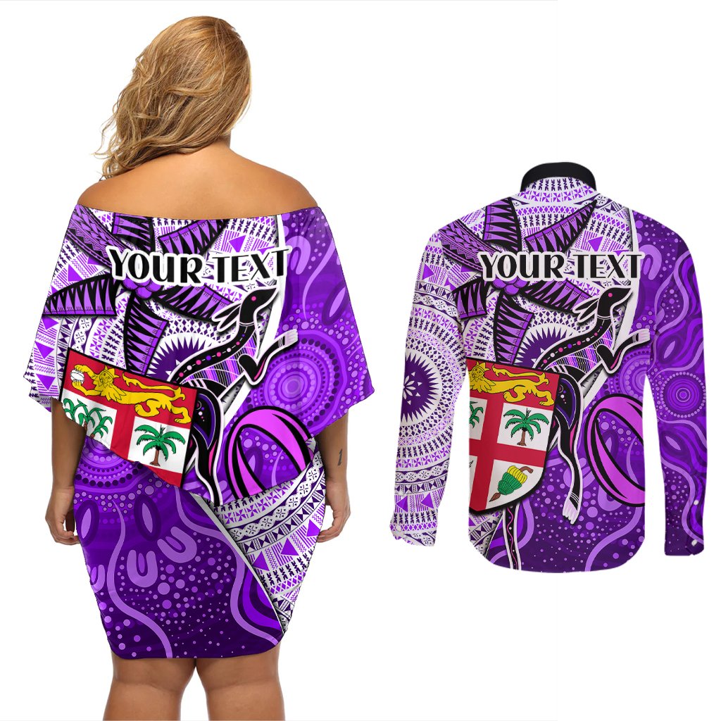 Personalised Fiji Australia Rugby Couples Matching Off Shoulder Short Dress and Long Sleeve Button Shirts Kangaroo and Palm Tree Purple Tapa Pattern Mix Aboriginal LT03 - Polynesian Pride