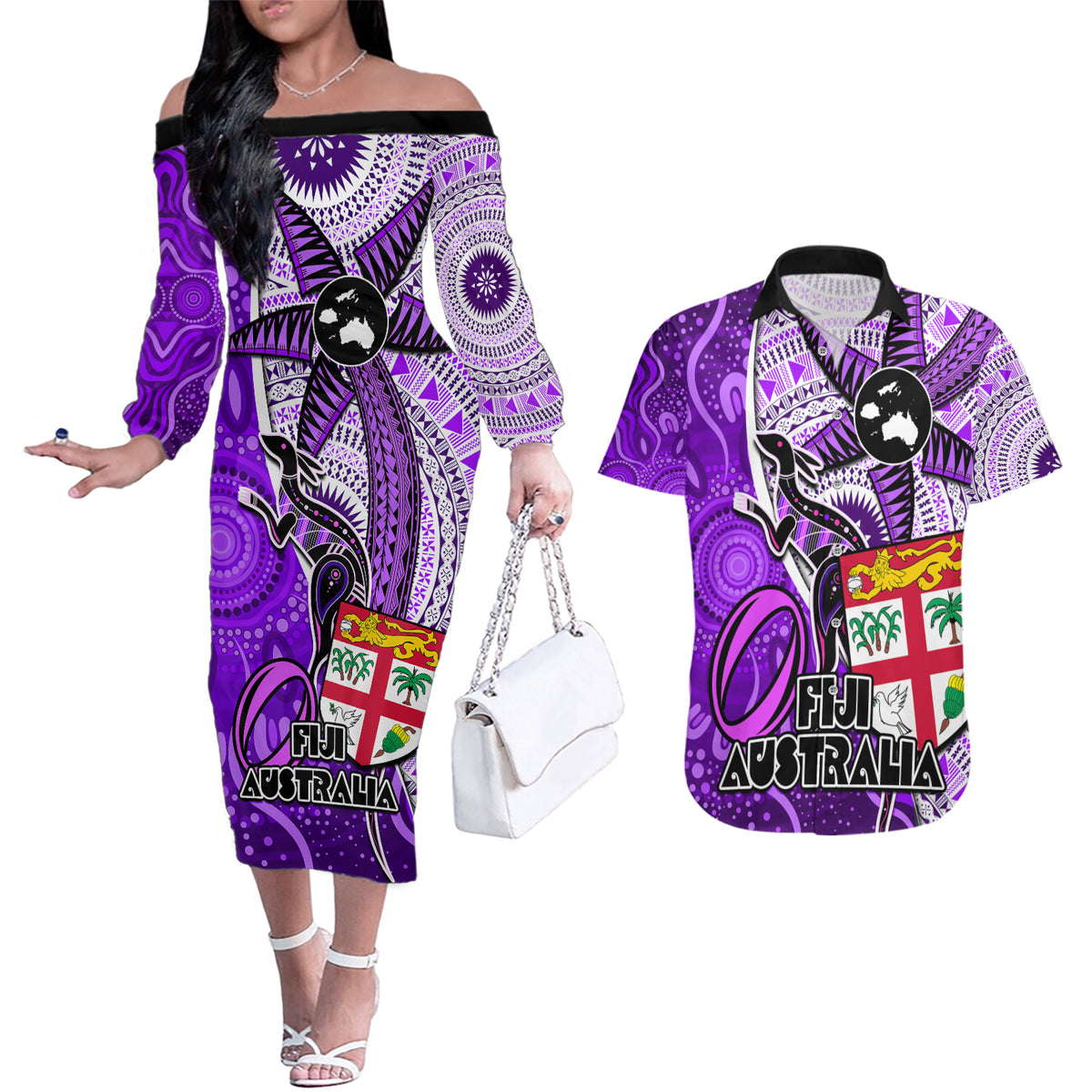 Personalised Fiji Australia Rugby Couples Matching Off The Shoulder Long Sleeve Dress and Hawaiian Shirt Kangaroo and Palm Tree Purple Tapa Pattern Mix Aboriginal LT03 Purple - Polynesian Pride