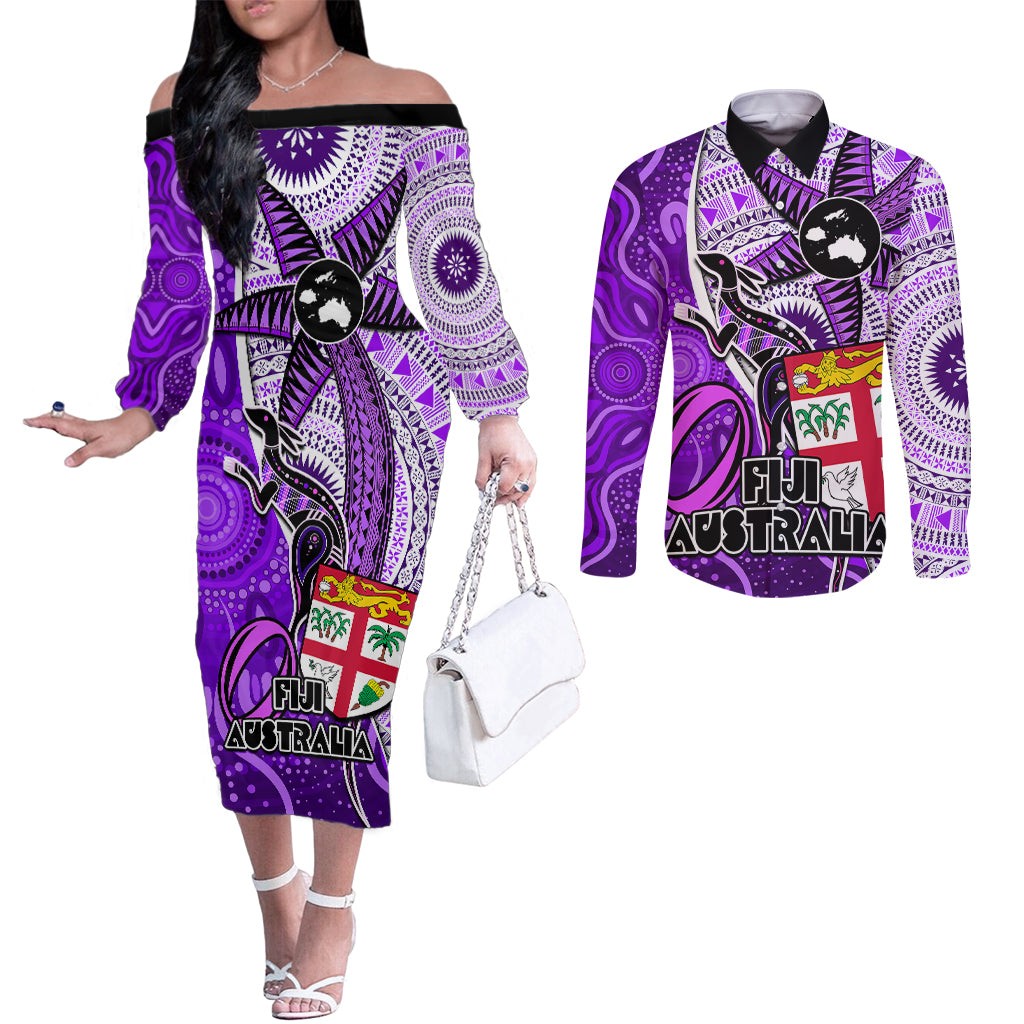 Personalised Fiji Australia Rugby Couples Matching Off The Shoulder Long Sleeve Dress and Long Sleeve Button Shirts Kangaroo and Palm Tree Purple Tapa Pattern Mix Aboriginal LT03 Purple - Polynesian Pride