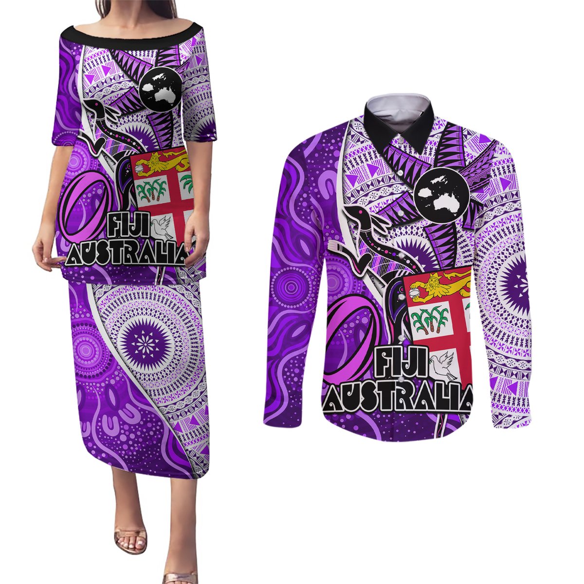 Personalised Fiji Australia Rugby Couples Matching Puletasi Dress and Long Sleeve Button Shirts Kangaroo and Palm Tree Purple Tapa Pattern Mix Aboriginal LT03 Purple - Polynesian Pride