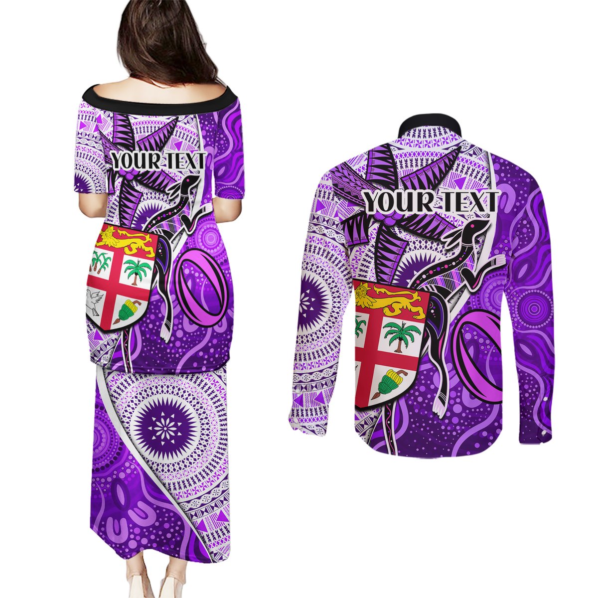 Personalised Fiji Australia Rugby Couples Matching Puletasi Dress and Long Sleeve Button Shirts Kangaroo and Palm Tree Purple Tapa Pattern Mix Aboriginal LT03 - Polynesian Pride