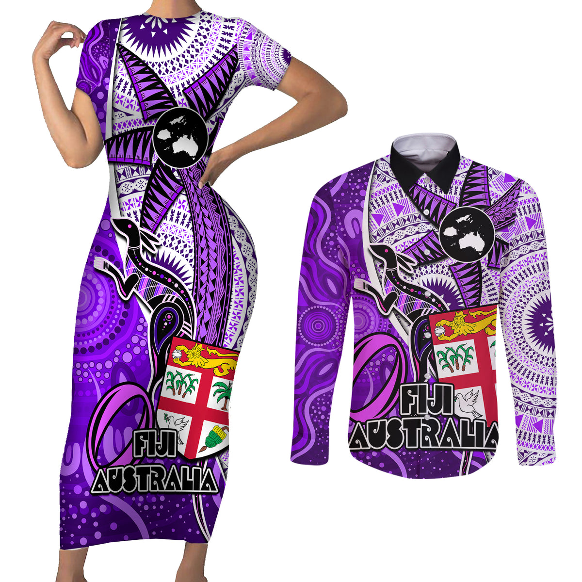 Personalised Fiji Australia Rugby Couples Matching Short Sleeve Bodycon Dress and Long Sleeve Button Shirts Kangaroo and Palm Tree Purple Tapa Pattern Mix Aboriginal LT03 Purple - Polynesian Pride