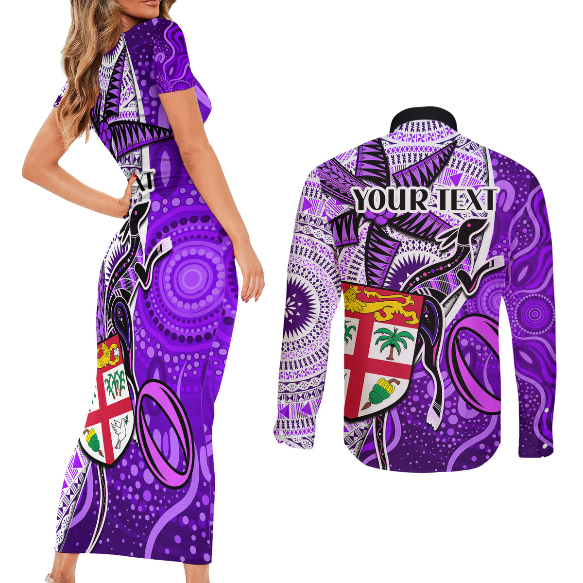 Personalised Fiji Australia Rugby Couples Matching Short Sleeve Bodycon Dress and Long Sleeve Button Shirts Kangaroo and Palm Tree Purple Tapa Pattern Mix Aboriginal LT03 - Polynesian Pride
