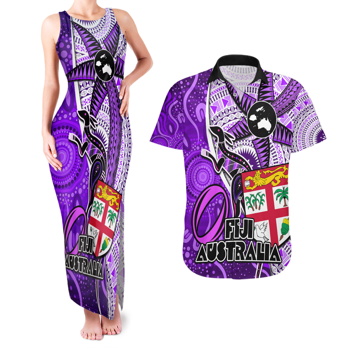 Personalised Fiji Australia Rugby Couples Matching Tank Maxi Dress and Hawaiian Shirt Kangaroo and Palm Tree Purple Tapa Pattern Mix Aboriginal LT03 Purple - Polynesian Pride