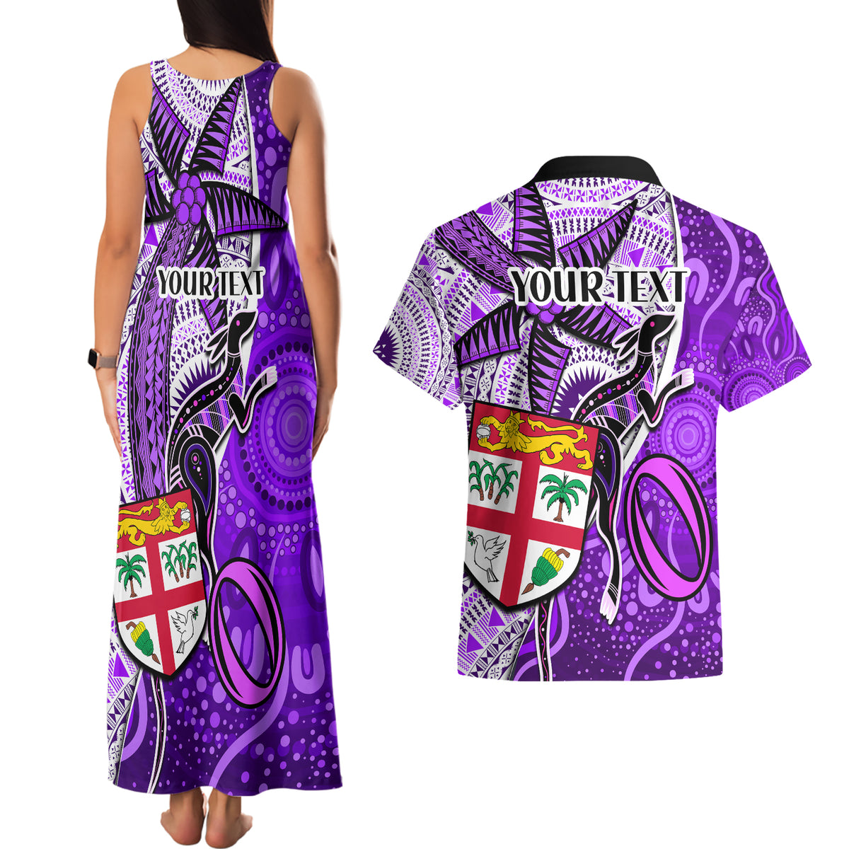 Personalised Fiji Australia Rugby Couples Matching Tank Maxi Dress and Hawaiian Shirt Kangaroo and Palm Tree Purple Tapa Pattern Mix Aboriginal LT03 - Polynesian Pride