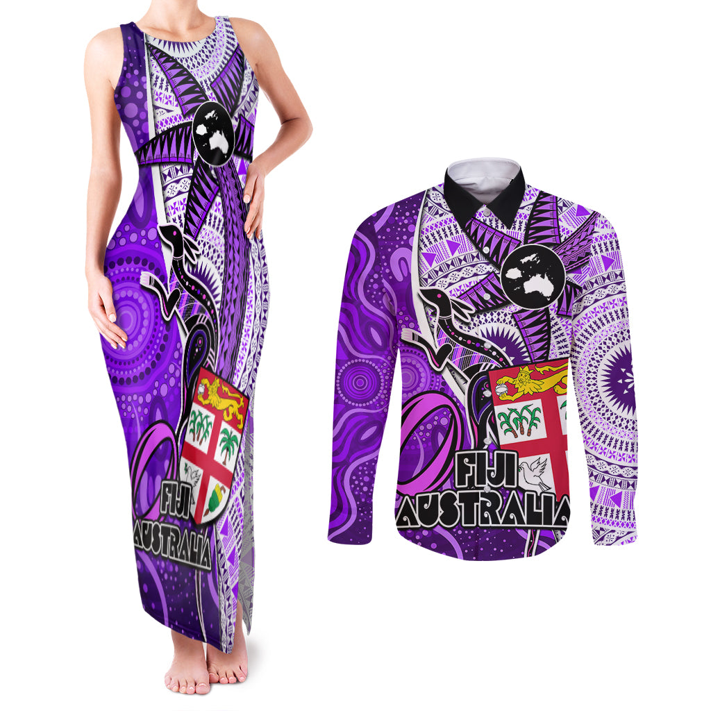 Personalised Fiji Australia Rugby Couples Matching Tank Maxi Dress and Long Sleeve Button Shirts Kangaroo and Palm Tree Purple Tapa Pattern Mix Aboriginal LT03 Purple - Polynesian Pride