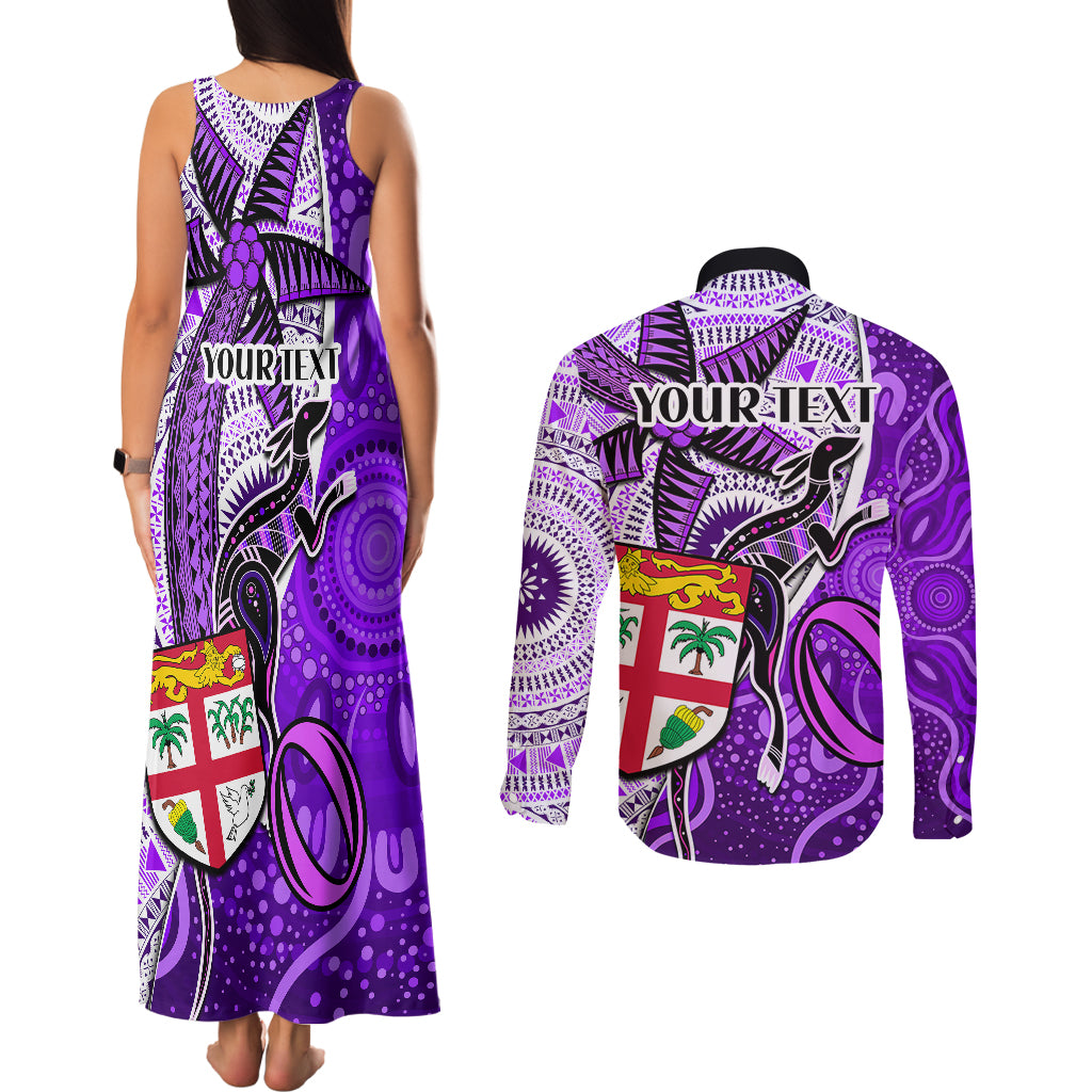 Personalised Fiji Australia Rugby Couples Matching Tank Maxi Dress and Long Sleeve Button Shirts Kangaroo and Palm Tree Purple Tapa Pattern Mix Aboriginal LT03 - Polynesian Pride
