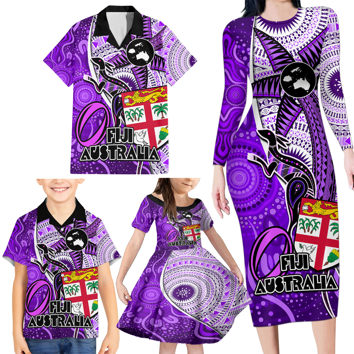 Personalised Fiji Australia Rugby Family Matching Long Sleeve Bodycon Dress and Hawaiian Shirt Kangaroo and Palm Tree Purple Tapa Pattern Mix Aboriginal LT03 - Polynesian Pride