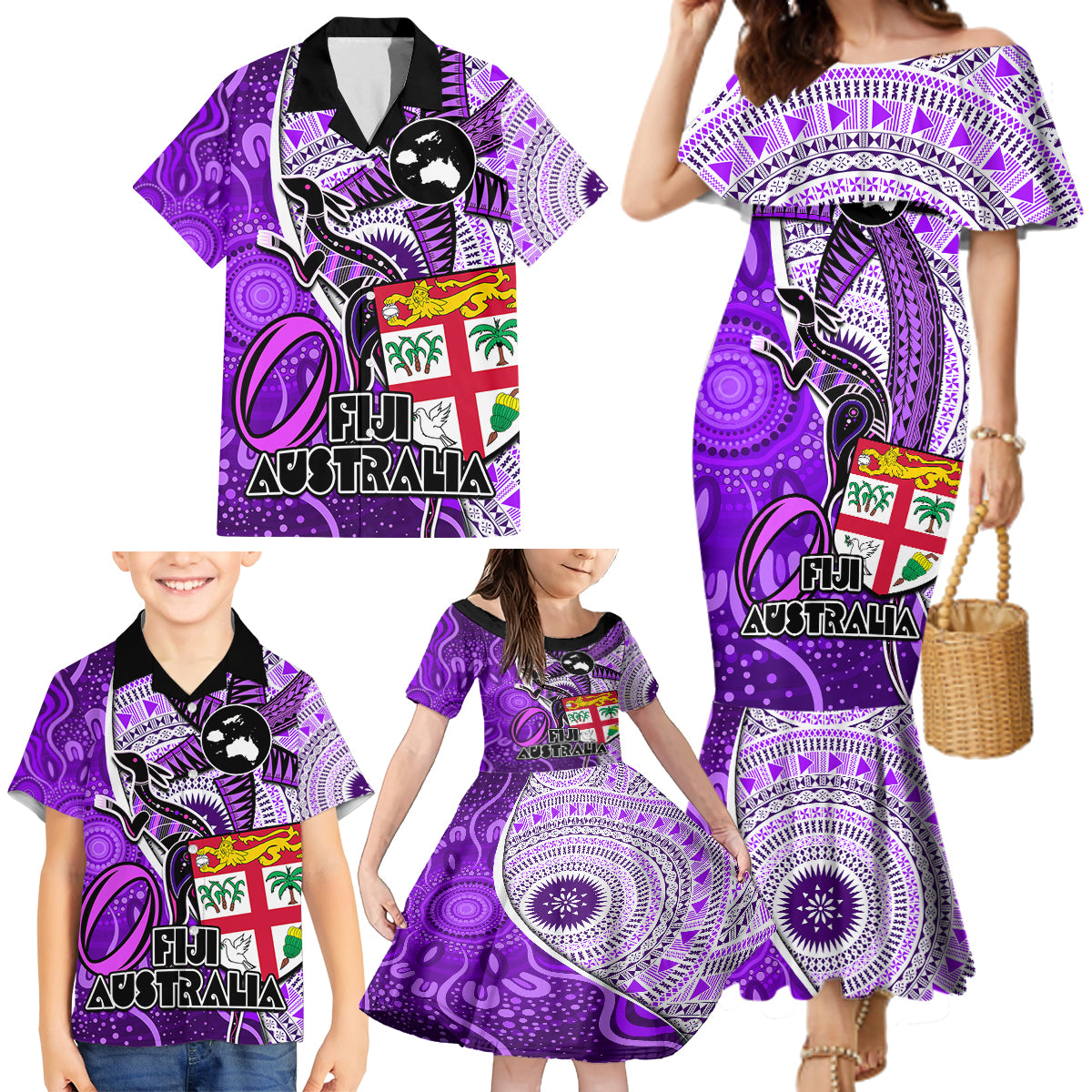 Personalised Fiji Australia Rugby Family Matching Mermaid Dress and Hawaiian Shirt Kangaroo and Palm Tree Purple Tapa Pattern Mix Aboriginal LT03 - Polynesian Pride