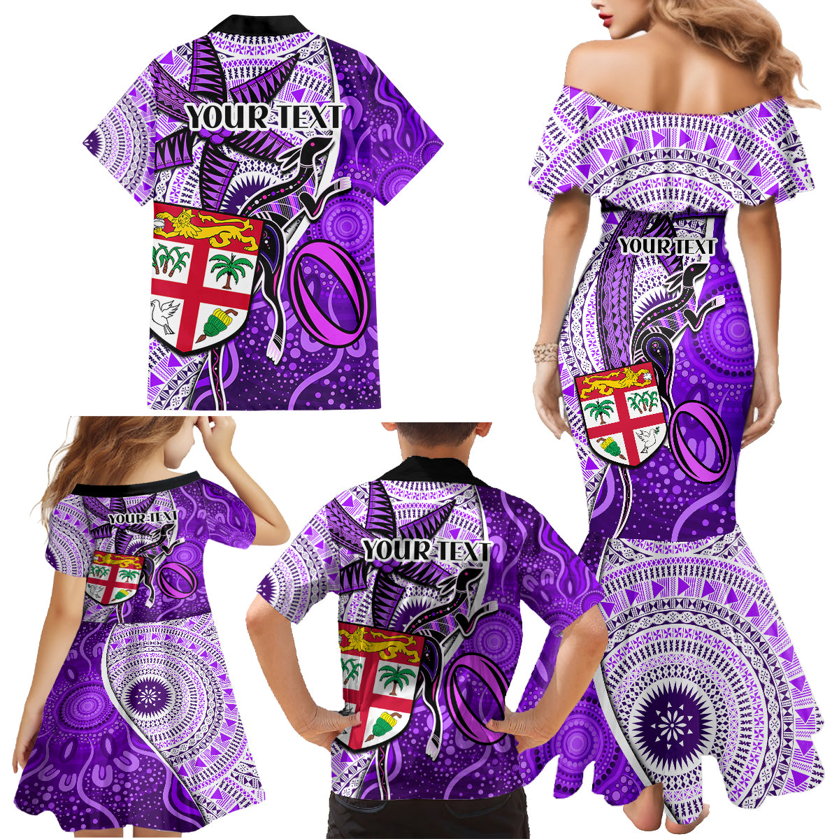 Personalised Fiji Australia Rugby Family Matching Mermaid Dress and Hawaiian Shirt Kangaroo and Palm Tree Purple Tapa Pattern Mix Aboriginal LT03 - Polynesian Pride