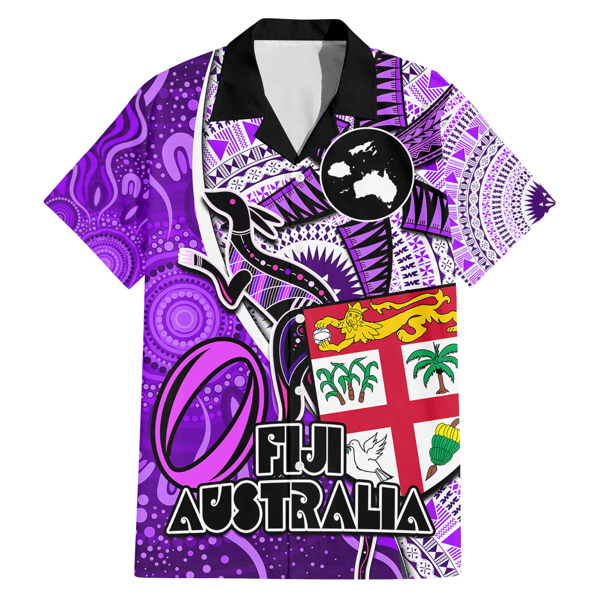 Personalised Fiji Australia Rugby Family Matching Mermaid Dress and Hawaiian Shirt Kangaroo and Palm Tree Purple Tapa Pattern Mix Aboriginal LT03 Dad's Shirt - Short Sleeve Purple - Polynesian Pride