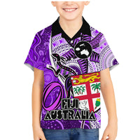 Personalised Fiji Australia Rugby Family Matching Mermaid Dress and Hawaiian Shirt Kangaroo and Palm Tree Purple Tapa Pattern Mix Aboriginal LT03 Son's Shirt Purple - Polynesian Pride