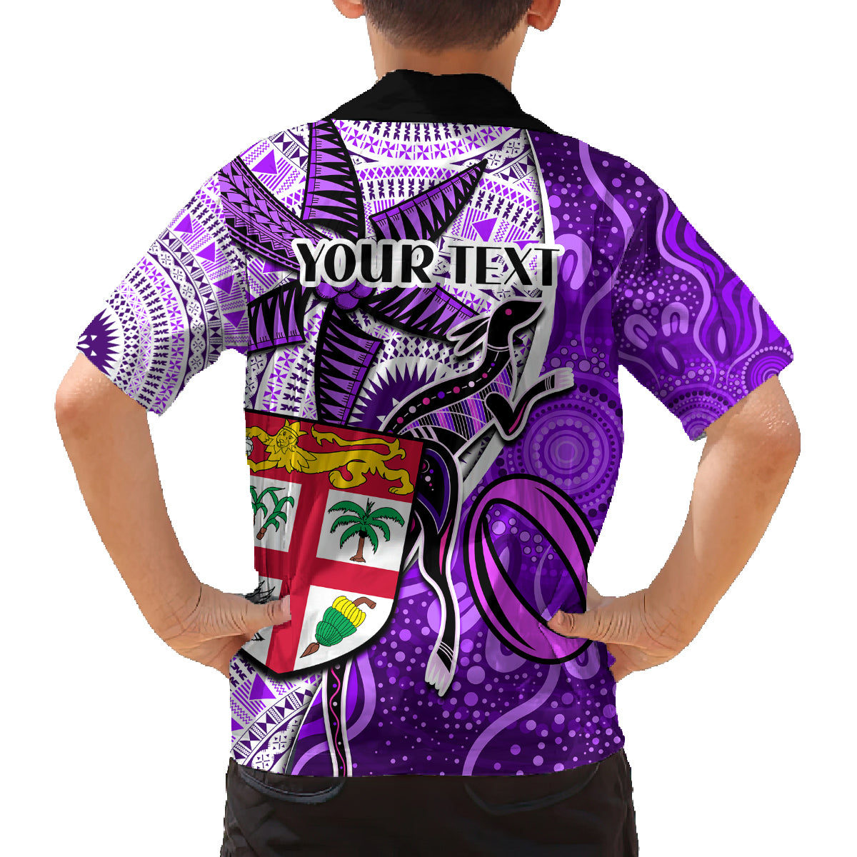 Personalised Fiji Australia Rugby Family Matching Off Shoulder Maxi Dress and Hawaiian Shirt Kangaroo and Palm Tree Purple Tapa Pattern Mix Aboriginal LT03 - Polynesian Pride