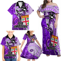 Personalised Fiji Australia Rugby Family Matching Off Shoulder Maxi Dress and Hawaiian Shirt Kangaroo and Palm Tree Purple Tapa Pattern Mix Aboriginal LT03 - Polynesian Pride