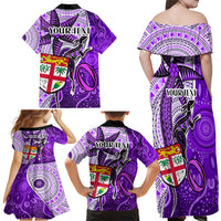 Personalised Fiji Australia Rugby Family Matching Off Shoulder Maxi Dress and Hawaiian Shirt Kangaroo and Palm Tree Purple Tapa Pattern Mix Aboriginal LT03 - Polynesian Pride