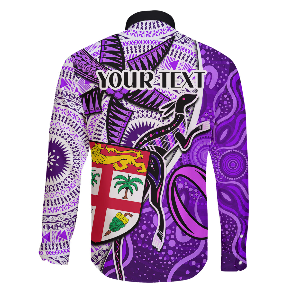Personalised Fiji Australia Rugby Family Matching Off Shoulder Maxi Dress and Hawaiian Shirt Kangaroo and Palm Tree Purple Tapa Pattern Mix Aboriginal LT03 - Polynesian Pride