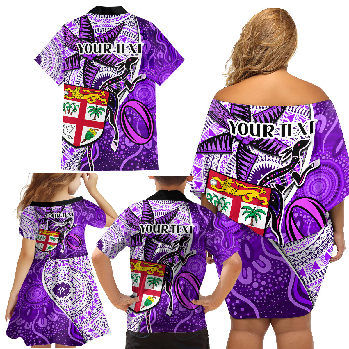 Personalised Fiji Australia Rugby Family Matching Off Shoulder Short Dress and Hawaiian Shirt Kangaroo and Palm Tree Purple Tapa Pattern Mix Aboriginal LT03 - Polynesian Pride