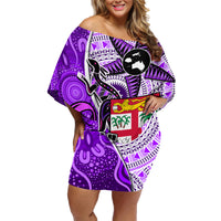 Personalised Fiji Australia Rugby Family Matching Off Shoulder Short Dress and Hawaiian Shirt Kangaroo and Palm Tree Purple Tapa Pattern Mix Aboriginal LT03 Mom's Dress Purple - Polynesian Pride