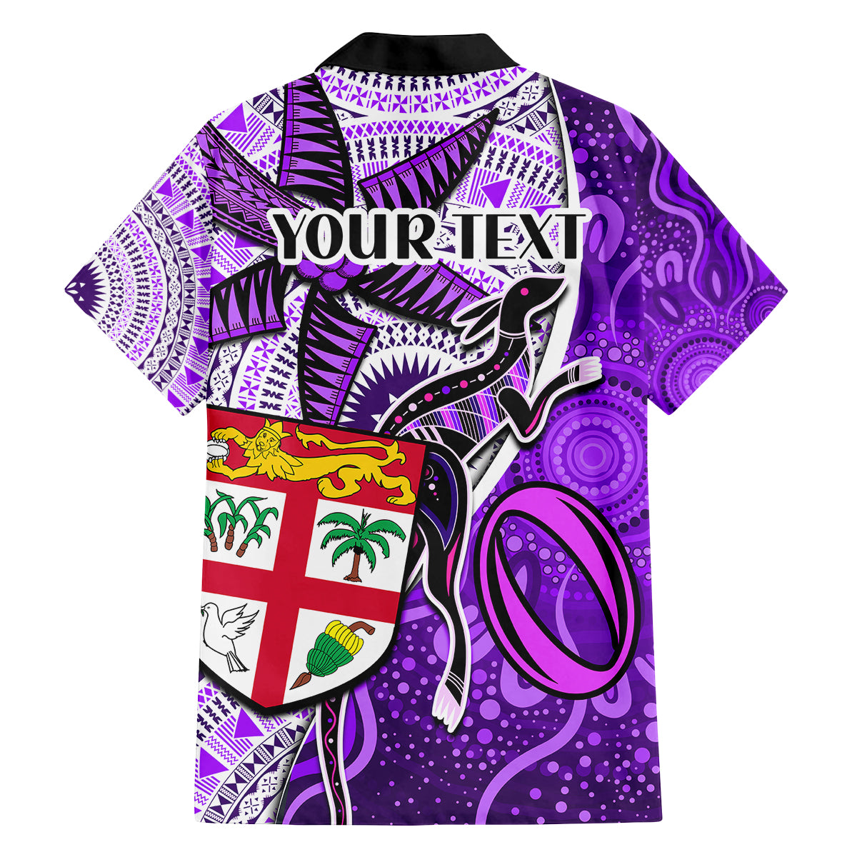 Personalised Fiji Australia Rugby Family Matching Puletasi Dress and Hawaiian Shirt Kangaroo and Palm Tree Purple Tapa Pattern Mix Aboriginal LT03 - Polynesian Pride