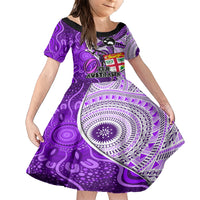Personalised Fiji Australia Rugby Family Matching Short Sleeve Bodycon Dress and Hawaiian Shirt Kangaroo and Palm Tree Purple Tapa Pattern Mix Aboriginal LT03 Daughter's Dress Purple - Polynesian Pride