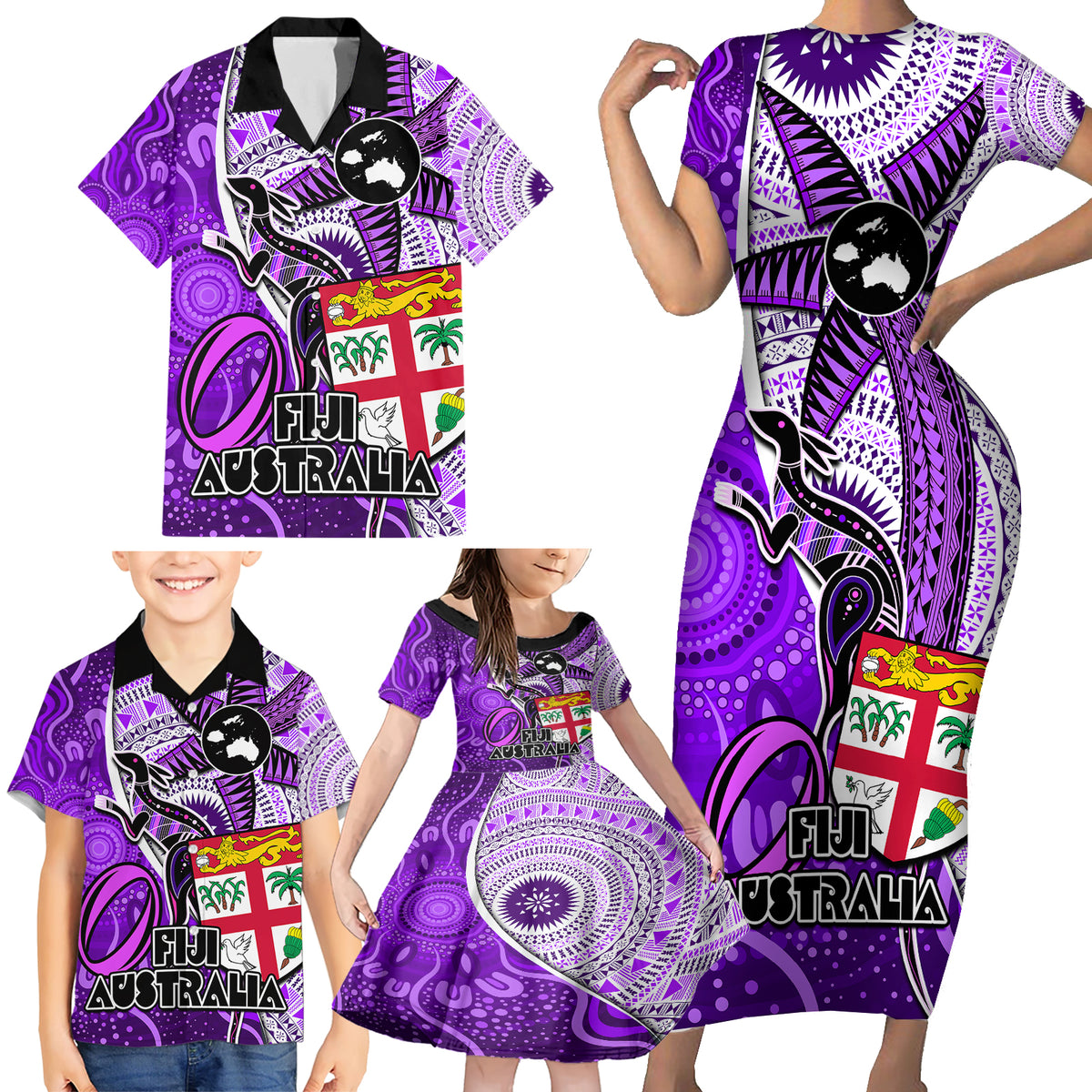 Personalised Fiji Australia Rugby Family Matching Short Sleeve Bodycon Dress and Hawaiian Shirt Kangaroo and Palm Tree Purple Tapa Pattern Mix Aboriginal LT03 - Polynesian Pride