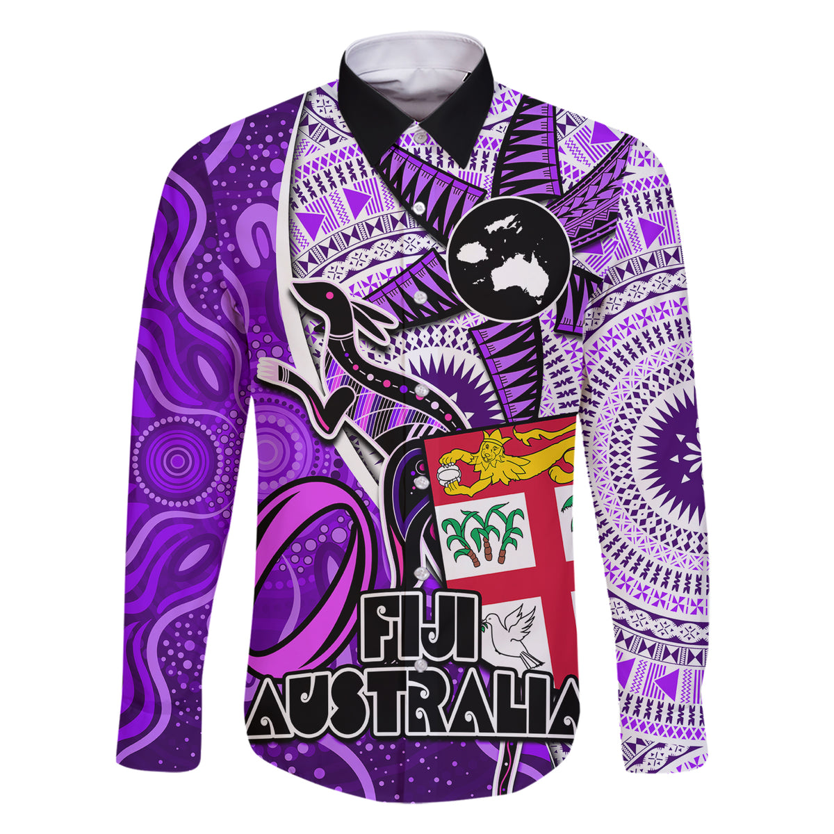 Personalised Fiji Australia Rugby Family Matching Short Sleeve Bodycon Dress and Hawaiian Shirt Kangaroo and Palm Tree Purple Tapa Pattern Mix Aboriginal LT03 Dad's Shirt - Long Sleeve Purple - Polynesian Pride