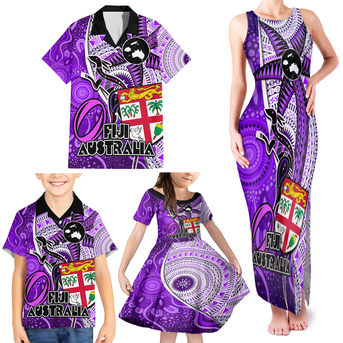 Personalised Fiji Australia Rugby Family Matching Tank Maxi Dress and Hawaiian Shirt Kangaroo and Palm Tree Purple Tapa Pattern Mix Aboriginal LT03 - Polynesian Pride