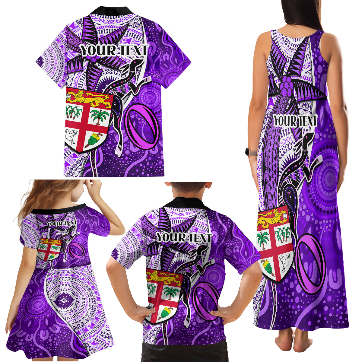 Personalised Fiji Australia Rugby Family Matching Tank Maxi Dress and Hawaiian Shirt Kangaroo and Palm Tree Purple Tapa Pattern Mix Aboriginal LT03 - Polynesian Pride