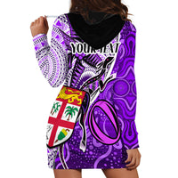 Personalised Fiji Australia Rugby Hoodie Dress Kangaroo and Palm Tree Purple Tapa Pattern Mix Aboriginal LT03 - Polynesian Pride