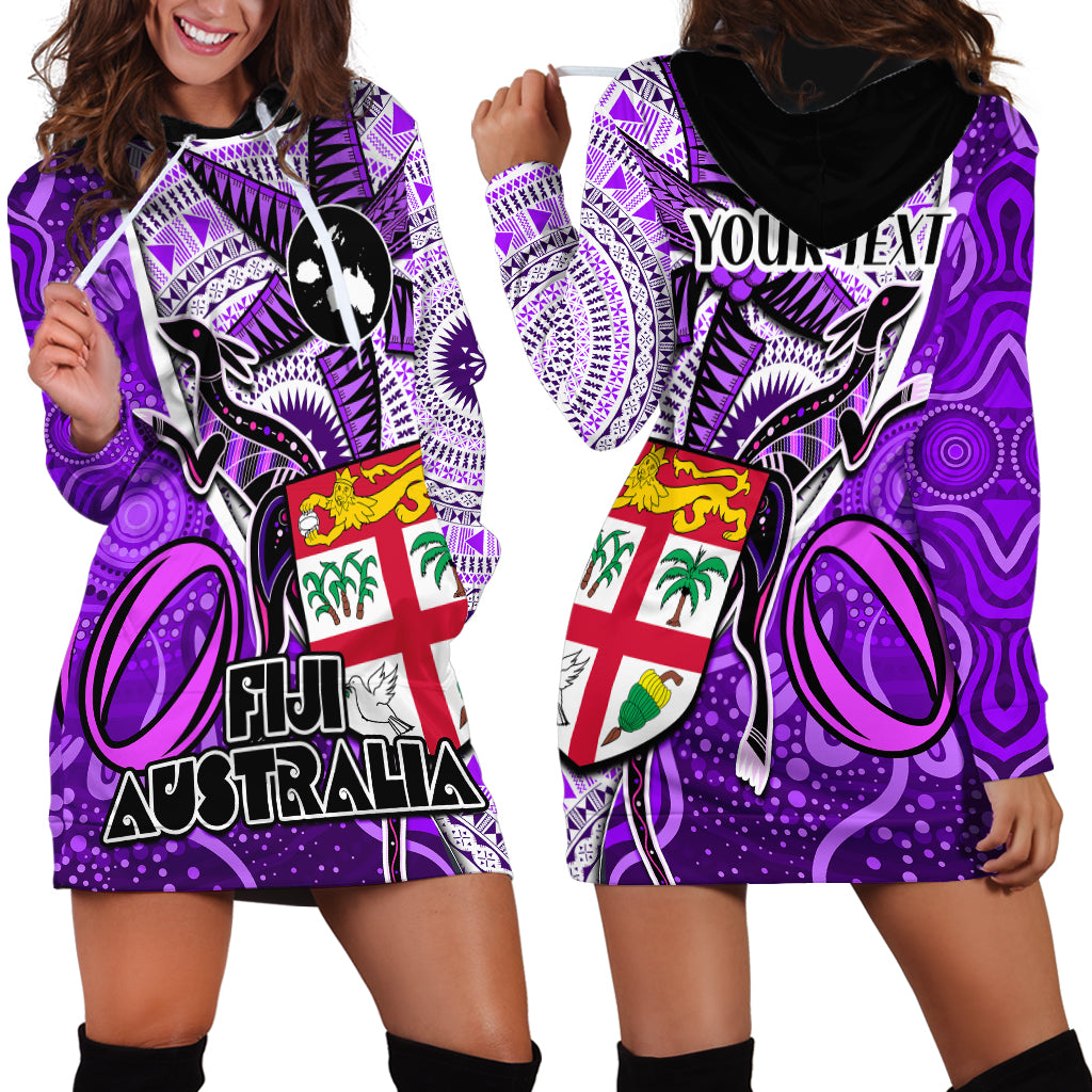 Personalised Fiji Australia Rugby Hoodie Dress Kangaroo and Palm Tree Purple Tapa Pattern Mix Aboriginal LT03 - Polynesian Pride