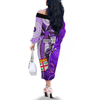 Personalised Fiji Australia Rugby Off The Shoulder Long Sleeve Dress Kangaroo and Palm Tree Purple Tapa Pattern Mix Aboriginal LT03 - Polynesian Pride