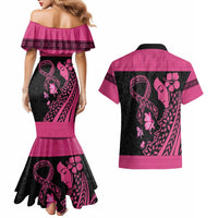 Breast Cancer Awareness Couples Matching Mermaid Dress and Hawaiian Shirt Think Pink Polynesian Ribbon and Butterfly LT03 - Polynesian Pride