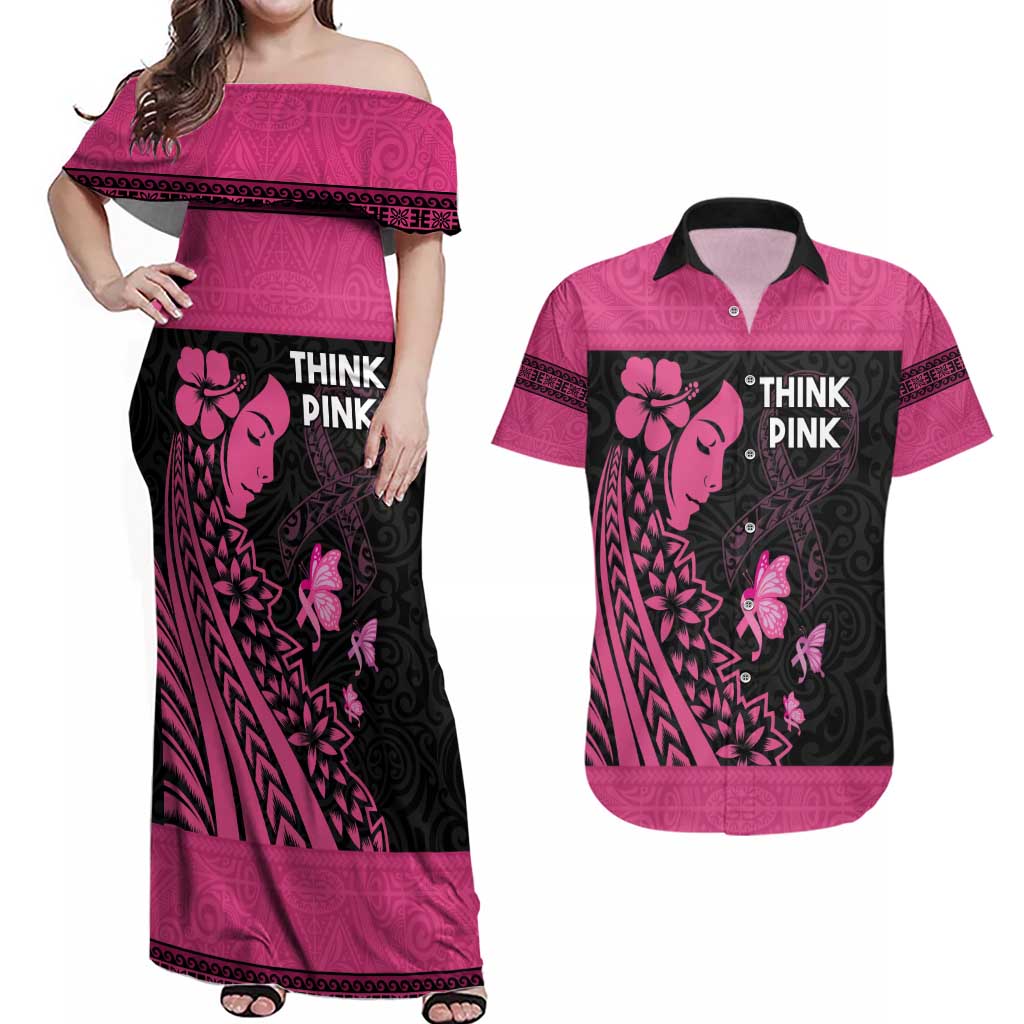 Breast Cancer Awareness Couples Matching Off Shoulder Maxi Dress and Hawaiian Shirt Think Pink Polynesian Ribbon and Butterfly LT03 Pink - Polynesian Pride