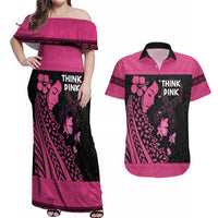 Breast Cancer Awareness Couples Matching Off Shoulder Maxi Dress and Hawaiian Shirt Think Pink Polynesian Ribbon and Butterfly LT03 Pink - Polynesian Pride