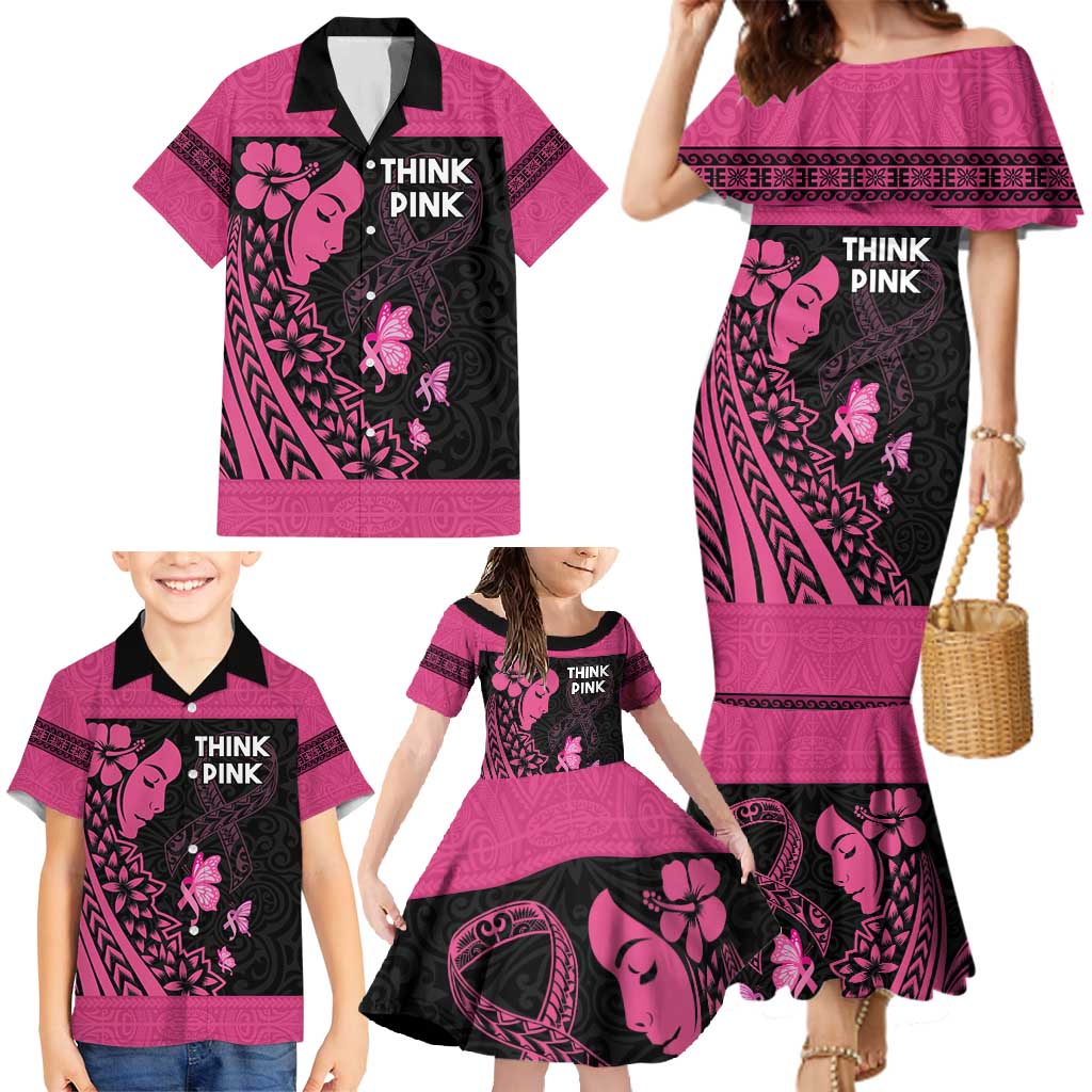 Breast Cancer Awareness Family Matching Mermaid Dress and Hawaiian Shirt Think Pink Polynesian Ribbon and Butterfly LT03 - Polynesian Pride