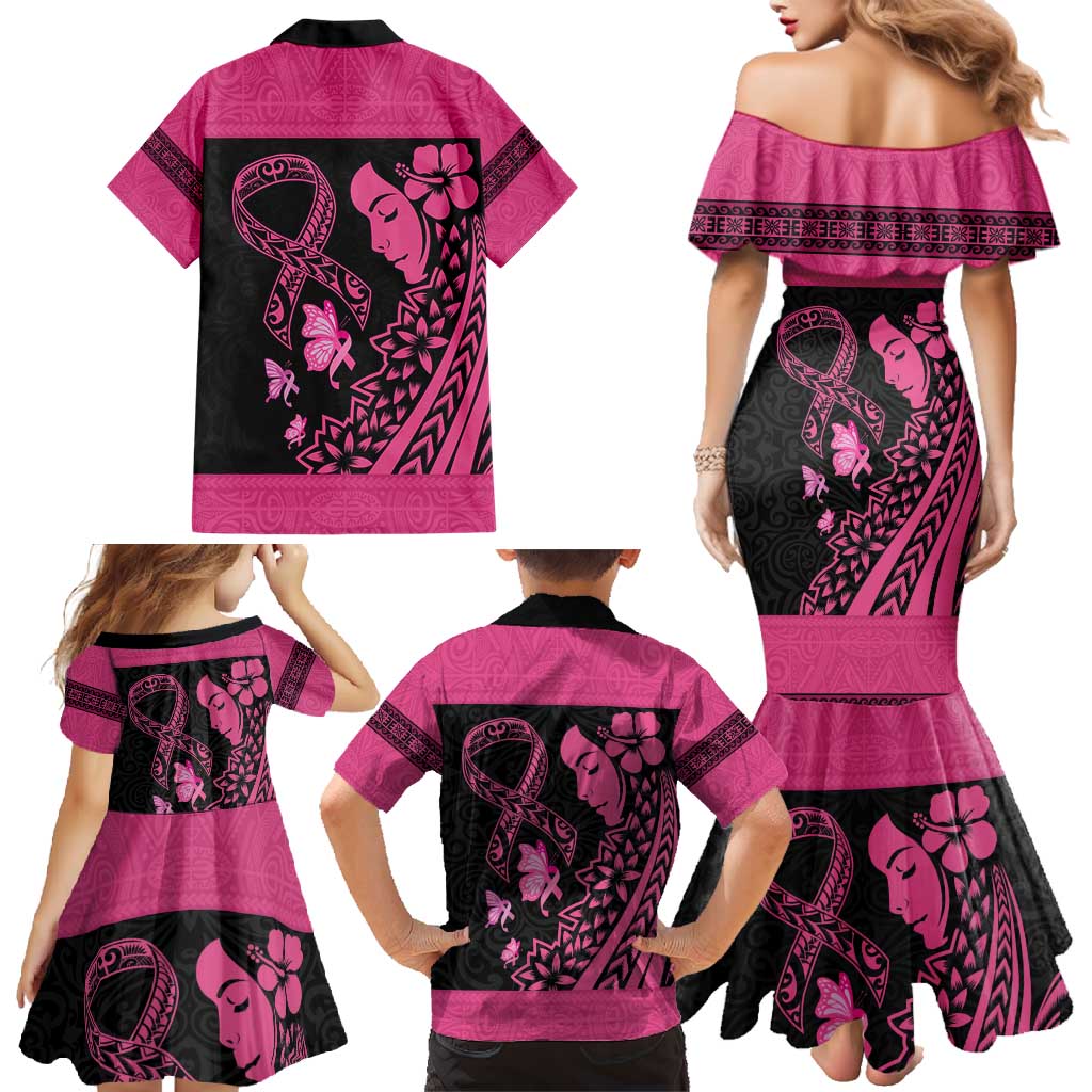 Breast Cancer Awareness Family Matching Mermaid Dress and Hawaiian Shirt Think Pink Polynesian Ribbon and Butterfly LT03 - Polynesian Pride