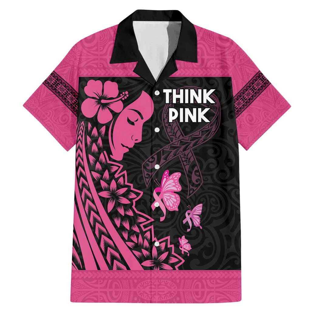 Breast Cancer Awareness Family Matching Mermaid Dress and Hawaiian Shirt Think Pink Polynesian Ribbon and Butterfly LT03 Dad's Shirt - Short Sleeve Pink - Polynesian Pride