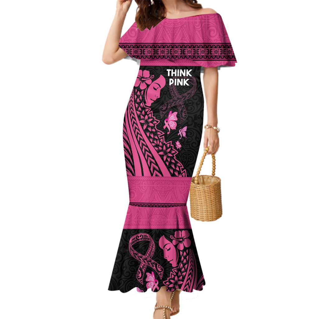 Breast Cancer Awareness Family Matching Mermaid Dress and Hawaiian Shirt Think Pink Polynesian Ribbon and Butterfly LT03 Mom's Dress Pink - Polynesian Pride