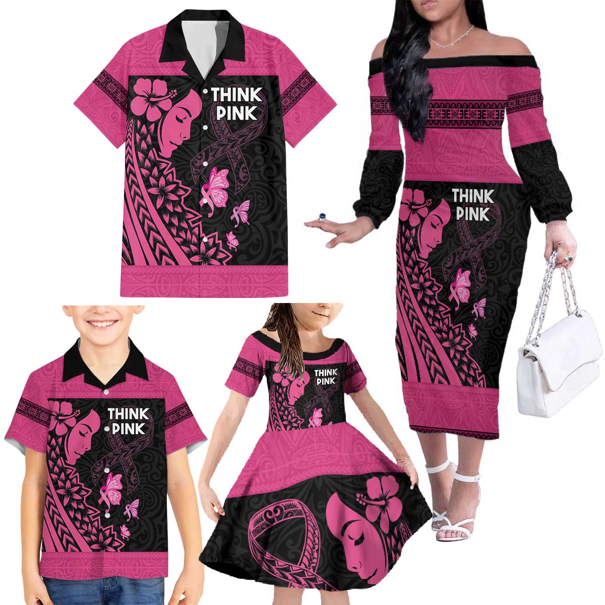 Breast Cancer Awareness Family Matching Off The Shoulder Long Sleeve Dress and Hawaiian Shirt Think Pink Polynesian Ribbon and Butterfly LT03 - Polynesian Pride