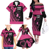 Breast Cancer Awareness Family Matching Off The Shoulder Long Sleeve Dress and Hawaiian Shirt Think Pink Polynesian Ribbon and Butterfly LT03 - Polynesian Pride